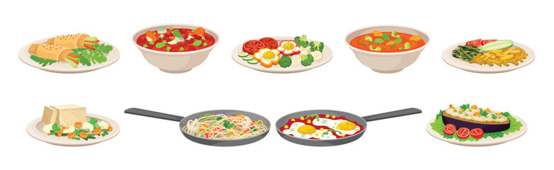 Vegan Dish and Main Course with Vegetables Served on Plate Vector Set