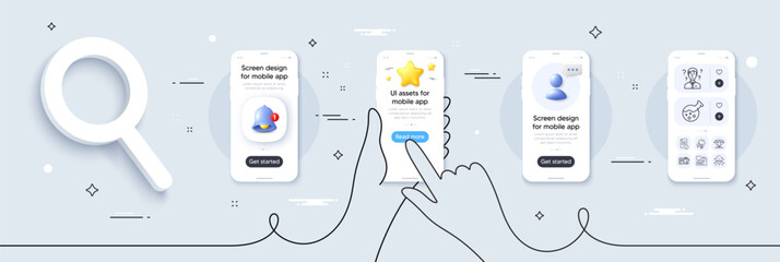 Engineering documentation, Fake document and Diamond line icons pack. Phone screen mockup with 3d star, alert and chat message. Fraud, Manual, Support consultant web icon. Vector © blankstock