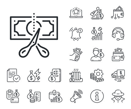 Reduction tax rate sign. Cash money, loan and mortgage outline icons. Cut tax line icon. Inflation symbol. Cut tax line sign. Credit card, crypto wallet icon. Inflation, job salary. Vector