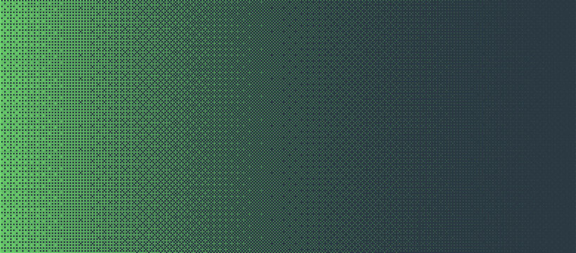 Dither Pattern Bitmap Texture Halftone Gradient Vector Wide Abstract Background. Glitch Screen With Flicker Pixels Effect Panoramic Backdrop. 8 Bit Pixel Art Retro Video Game Bright Green Decoration