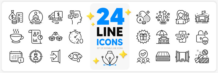 Icons set of Gps, Cash transit and Approved group line icons pack for app with Headhunting, Mattress, Surprise gift thin outline icon. Vitamin a, Conjunctivitis eye, Open door pictogram. Vector