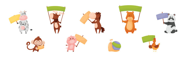 Cute Animals Holding Colorful Blank Banners Vector Illustration Set