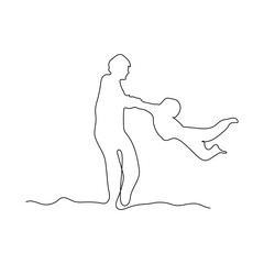 father holding his little child arms and spinning him in circles continuous line drawing. father's day line art. joyful father and son line art. Fatherhood concept line art. 