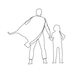 Father and daughter Superhero's costumes continuous line art drawing. Daddy and his daughter line art. Hero father line art. Fatherhood concept line art. Father's Day
