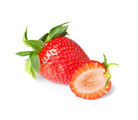 A whole strawberry and half a berry isolated on a white background top view.