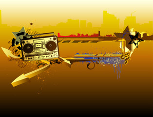 Vector illustration of urban music grunge frame with stars and boombox
