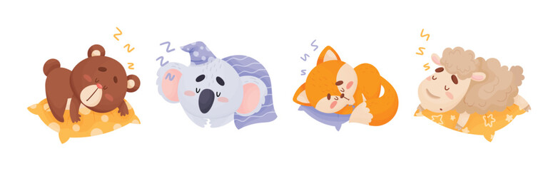 Cute Sleepy Animals Yawning and Sleeping in Nightcap with Pillow Vector Set