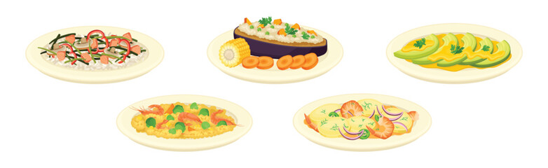 Different Dish and Food Served on Plate with Garnish Vector Set
