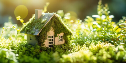 Miniatur-Holzhaus im Frühling, mit Gras, Moos und Farnen an einem sonnigen Tag: Ein ökologisches und umweltfreundliches Wohnkonzept