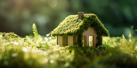 Fototapeta na wymiar Miniatur-Holzhaus im Frühling, mit Gras, Moos und Farnen an einem sonnigen Tag: Ein ökologisches und umweltfreundliches Wohnkonzept