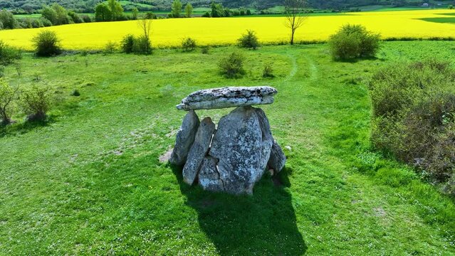 Aerial view of the Sorginetxe dolmen in Arrizala near Salvatierra. Sierra de Entzia. Salvatierra. Alava province. Basque Country, Spain, Europe