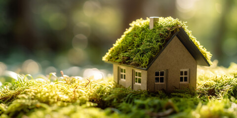 Miniatur-Holzhaus im Frühling, mit Gras, Moos und Farnen an einem sonnigen Tag: Ein ökologisches und umweltfreundliches Wohnkonzept