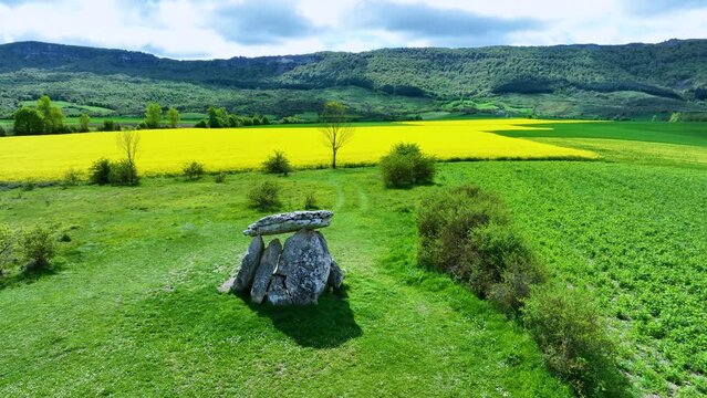 Aerial view of the Sorginetxe dolmen in Arrizala near Salvatierra. Sierra de Entzia. Salvatierra. Alava province. Basque Country, Spain, Europe