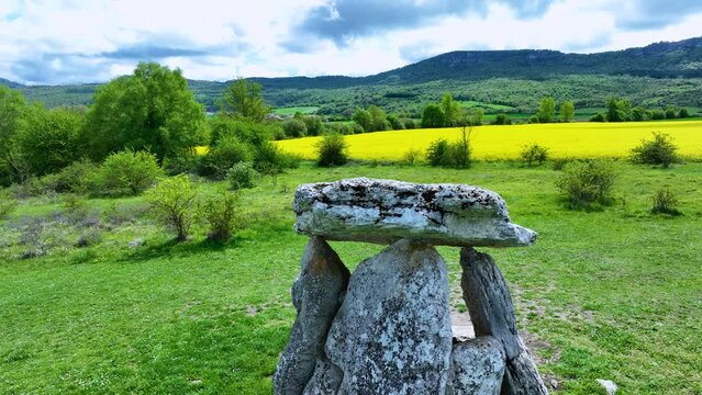 Aerial view of the Sorginetxe dolmen in Arrizala near Salvatierra. Sierra de Entzia. Salvatierra. Alava province. Basque Country, Spain, Europe