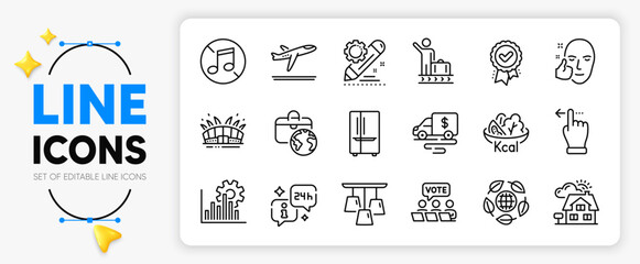 Salad, Departure plane and No music line icons set for app include Touchscreen gesture, Approved award, Info outline thin icon. Luggage belt, Refrigerator, Seo graph pictogram icon. Vector