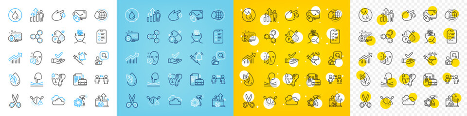 Vector icons set of Face accepted, No waterproof and Demand curve line icons pack for web with 5g internet, Electronic thermometer, World water outline icon. Coronavirus spray. Vector