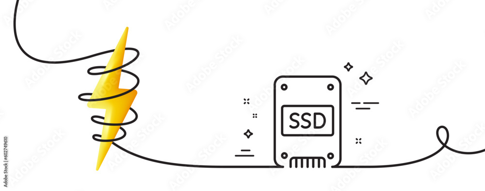 Poster ssd icon. continuous one line with curl. solid-state drive sign. storage disk symbol. ssd single out