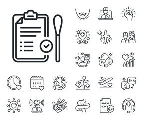 Report with cotton swab sign. Online doctor, patient and medicine outline icons. Nasal swab test passed line icon. Coronavirus testing symbol. Nasal test line sign. Vector
