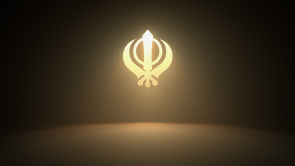 Shining Khanda symbol of Sikhisme on the wall with warm yellow rays of light - 3D illustration
