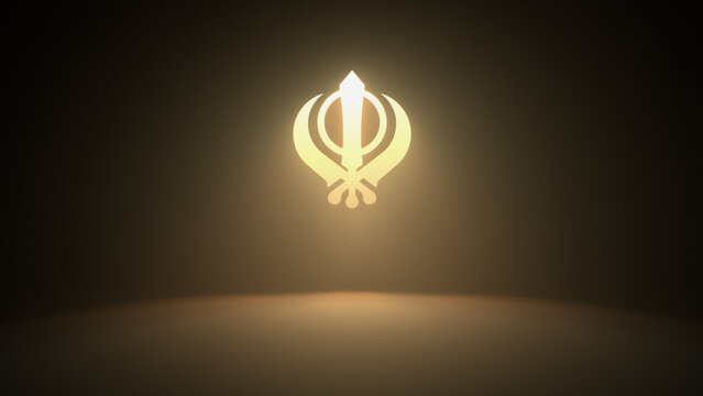 Shining Khanda symbol of Sikhisme on the wall with warm yellow rays of light - 3D illustration