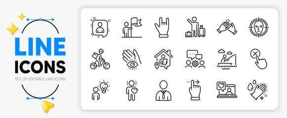 Face detect, Human and Washing hands line icons set for app include Airport transfer, Friends chat, Developers chat outline thin icon. Engineering team, Friend, Boat fishing pictogram icon. Vector