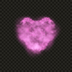 Glowing vector pink colored heart shaped steam. Realistic smoke effect isolated on transparent background
