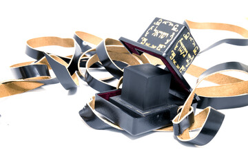 Tefillin  or  phylacteries . Pair of black leather boxes  for the arm and for the head with leather...