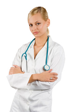 smiling medical doctor woman with stethoscope Isolated over white background