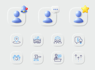 Swipe up, Team work and Arena line icons. Placeholder with 3d star, reminder bell, chat. Pack of Pin, Reception desk, Judge hammer icon. Wash hands, Lamp pictogram. For web app, printing. Vector
