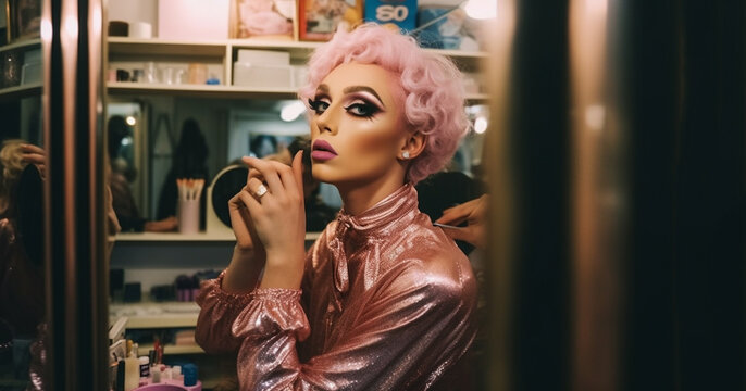 Portrait of a fabolous beautiful drag queen in dressing room before performance. Gender fluid male dressed as female laughing. make-up artist, beauty man