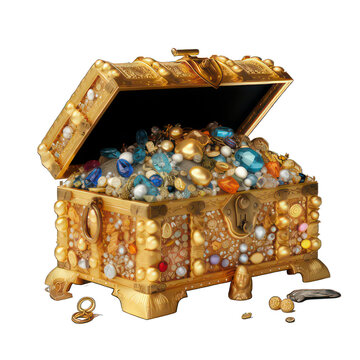 Treasure chest full of gold and jewels isolated on white created with Generative AI