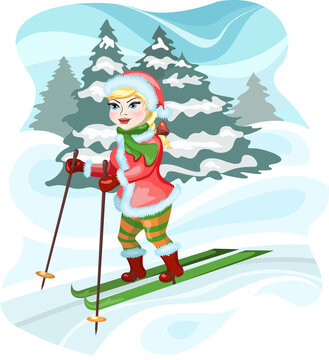 Girl goes on skis from the forest.