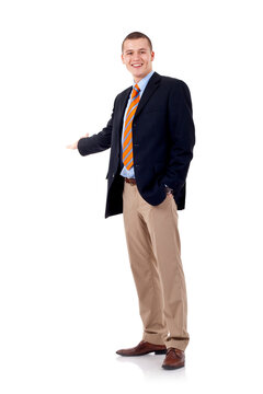 Businessman with arm out in a welcoming gesture , isolated on white background