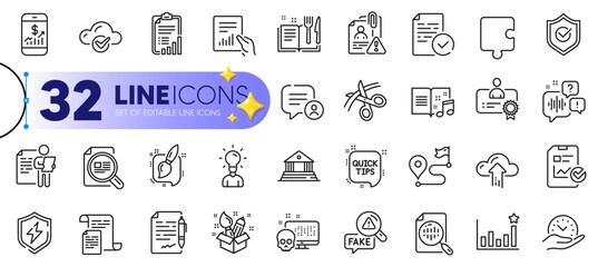 Outline set of Mobile finance, Certificate and Recipe book line icons for web with Court building, Fake news, Check article thin icon. Education, Voicemail, Chat bubble pictogram icon. Vector