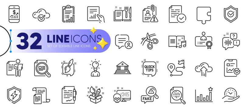 Outline set of Mobile finance, Certificate and Recipe book line icons for web with Court building, Fake news, Check article thin icon. Education, Voicemail, Chat bubble pictogram icon. Vector