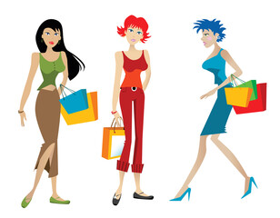 Illustration of three woman shopping with shopping bags