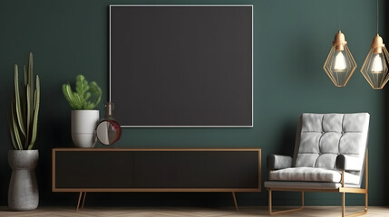 Mockup frame on cabinet in living room interior on empty dark wall background.