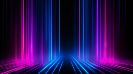 Futuristic Sci-Fi Abstract Blue And Purple Neon Light Shapes On Black Background. Created with Generative AI.