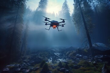 Fototapeta na wymiar Drone in a foggy froest