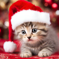 The happy kitten sits in Santa Claus hat, Merry Christmas and Happy New Year, closeup, generative AI.