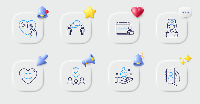 People insurance, User call and Oculist doctor line icons. Buttons with 3d bell, chat speech, cursor. Pack of Smile chat, Consulting business, Chemistry lab icon. Genders, Accounting pictogram. Vector