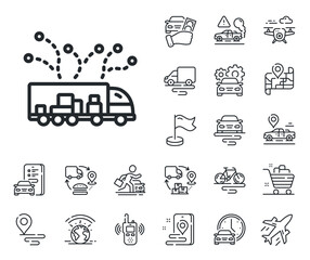 Transportation vehicle sign. Plane, supply chain and place location outline icons. Truck transport line icon. Delivery logistics symbol. Truck delivery line sign. Vector