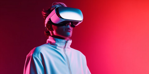 Man in VR heads goggles plays in neon, futuristic background space. AI Generated