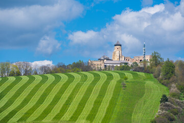 Europe, Slovakia, Stara Lubovna, Altlublau - castle and Perfectly striped freshly mowed grass...