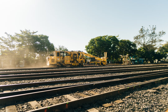 Repairing the railway line - Excavators on reconstruction of the railway rails - may 2023