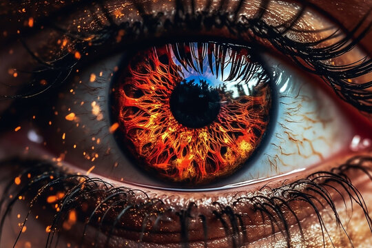 Mysteri&ouml;ses feuriges orangefarbenes auge, das den b&ouml;sen Blick darstellt  KI