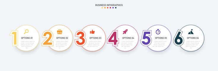 Timeline infographic with infochart. Modern presentation template with 6 spets for business process. Website template on white background for concept modern design. Horizontal layout.
