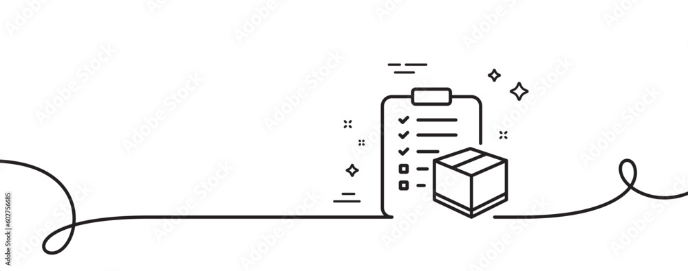 Poster parcel checklist line icon. continuous one line with curl. logistics check sign. package control sym