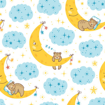Vector Cute Teddy Bears Seamless Pattern. Childish Background with Sleeping Little Bear Cubs on Moon with Stars and Clouds. Baby Colorful Wallpaper. Great for Baby Pajamas or Bedding.