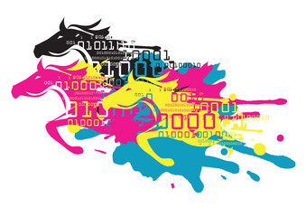 Fast color printing, print data.
Illustration of running horses in the colors of the CMYK color mode and binary codes. Concept for presenting of color printing. Vector available.